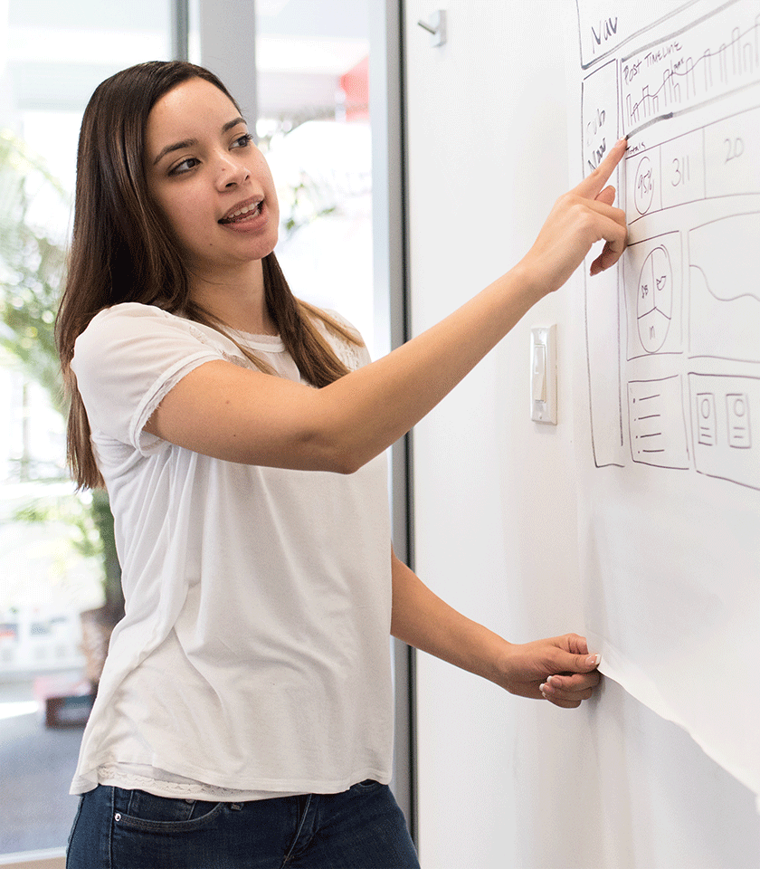ausbildung_zentrale_1 Junge Frau erklärt eine Grafik am Whiteboard